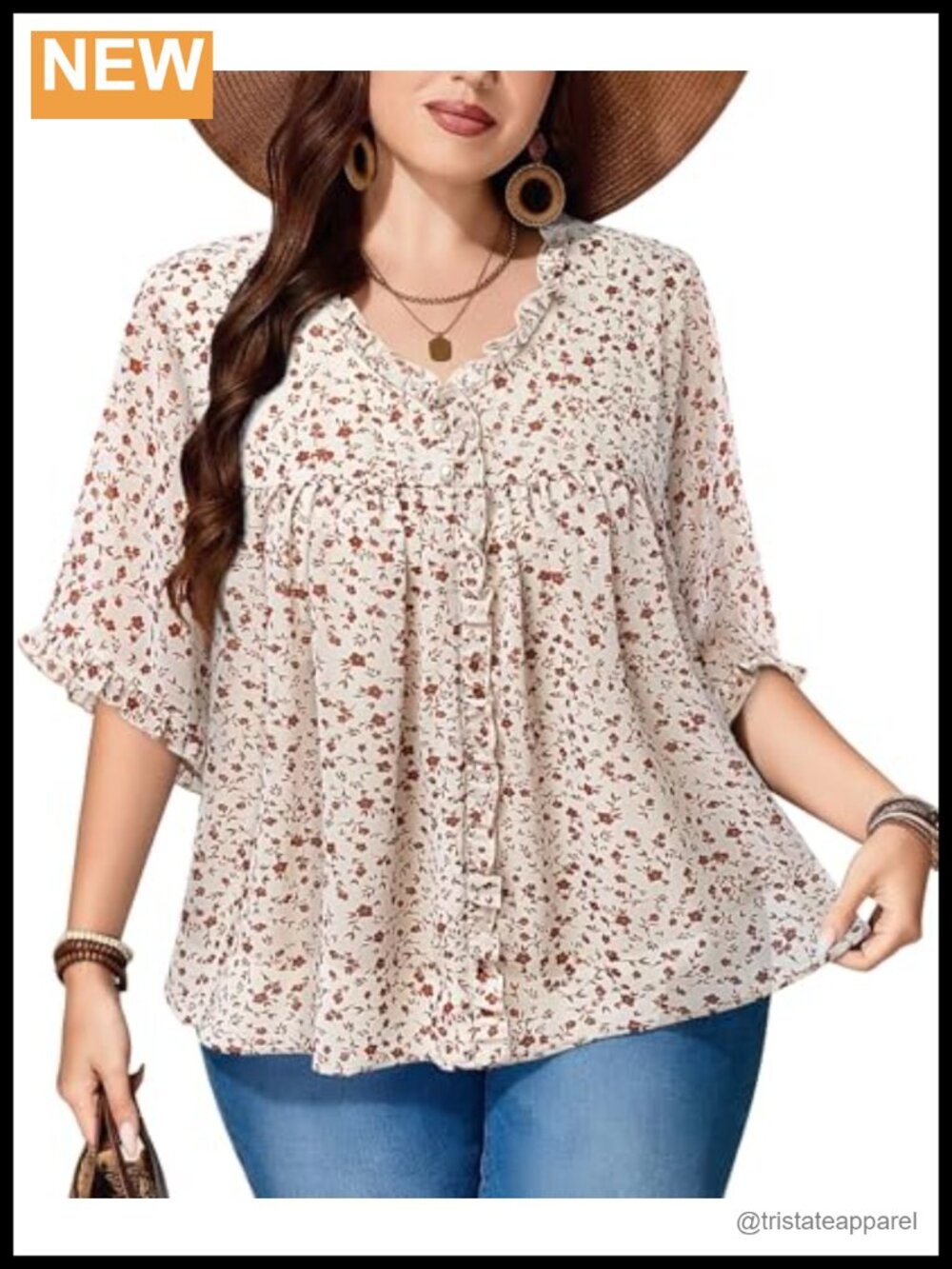 Plus Size Chiffon Blouse V-Neck 3/4 Ruffle Sleeve Floral Dressy Casual Top